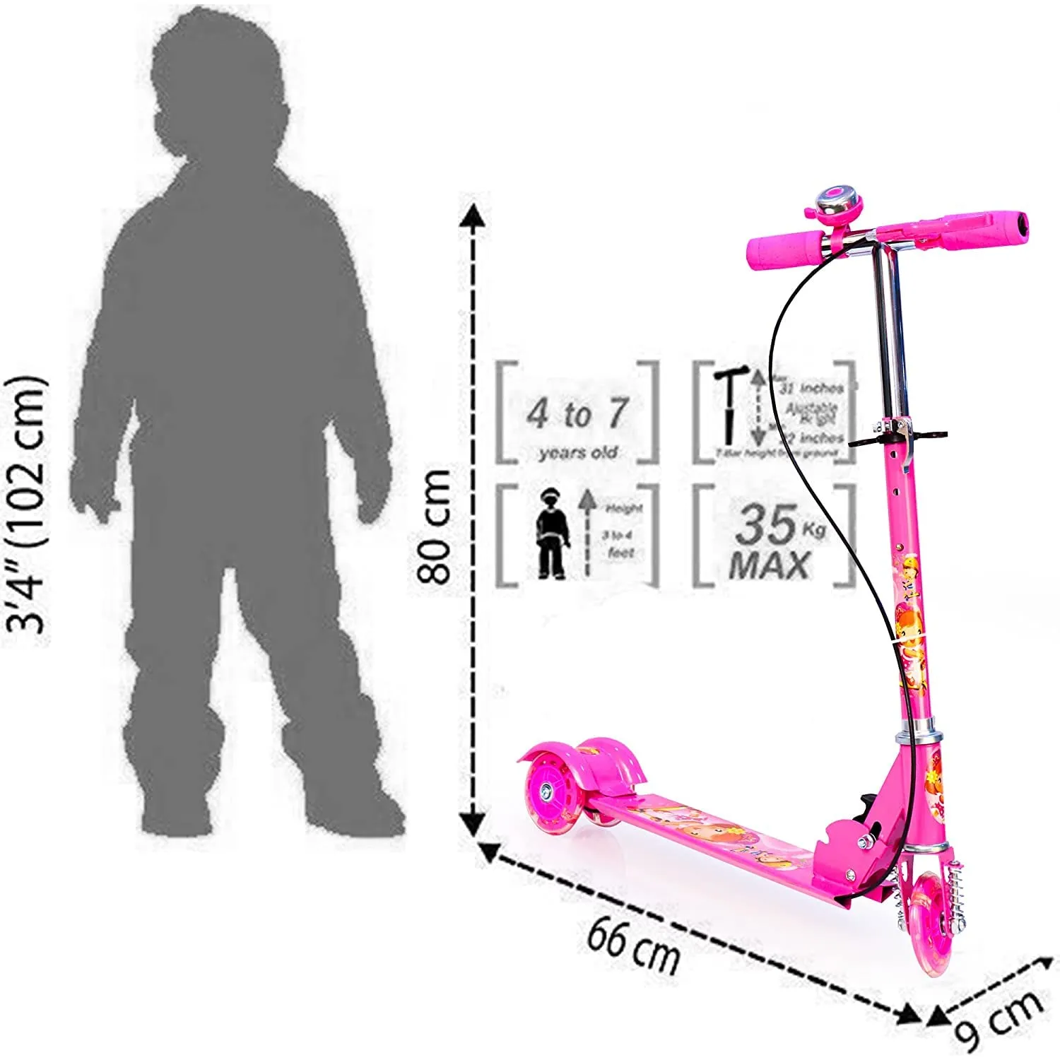 AYSIS 3-Wheeled Kick Scooter with Extra Wide LED Light Wheels, Any Height Adjustable Handlebar and Strong Thick Deck for Children from 3-14yrs, Weight Capacity 50 kgs Kick Scooter (Pink)