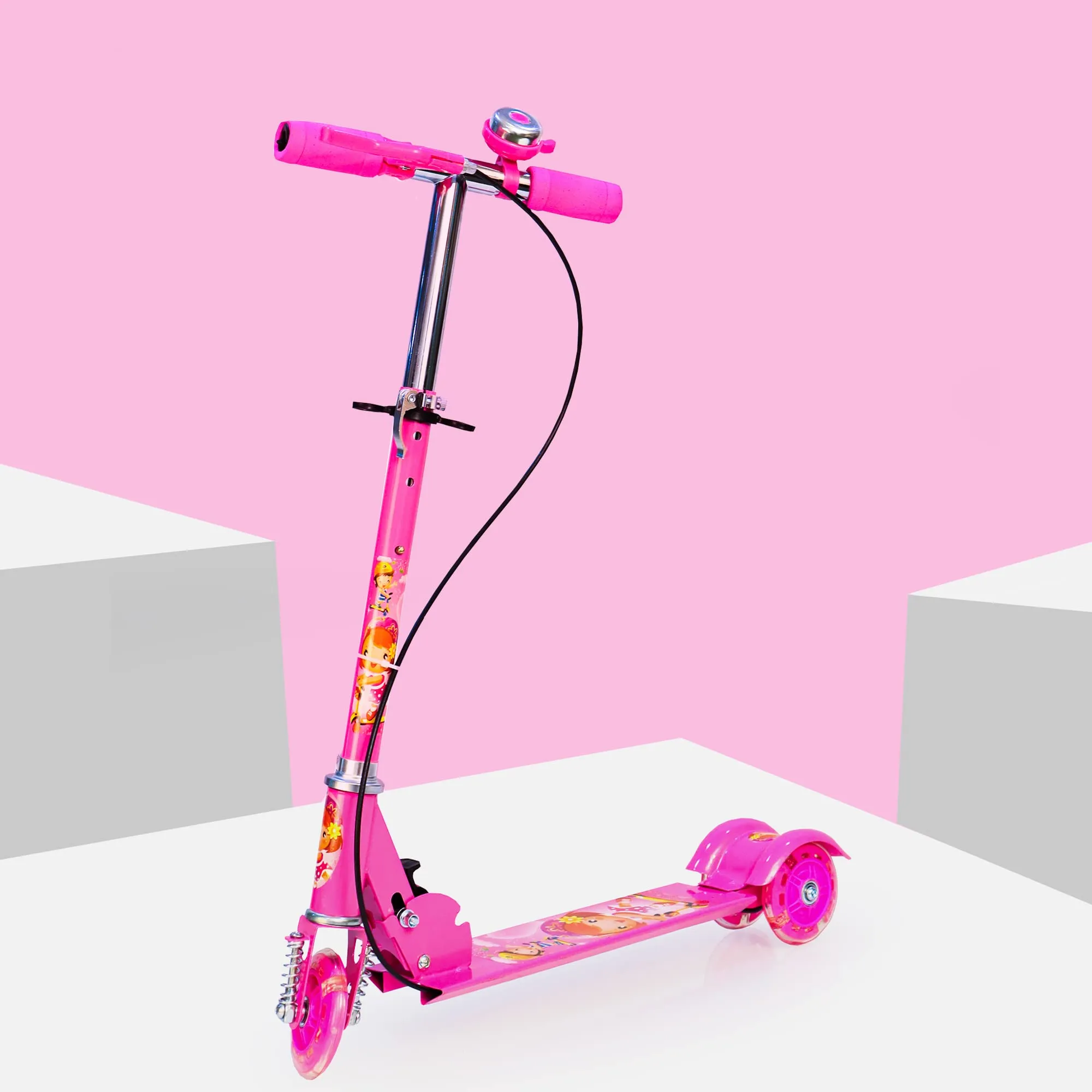 AYSIS 3-Wheeled Kick Scooter with Extra Wide LED Light Wheels, Any Height Adjustable Handlebar and Strong Thick Deck for Children from 3-14yrs, Weight Capacity 50 kgs Kick Scooter (Pink)