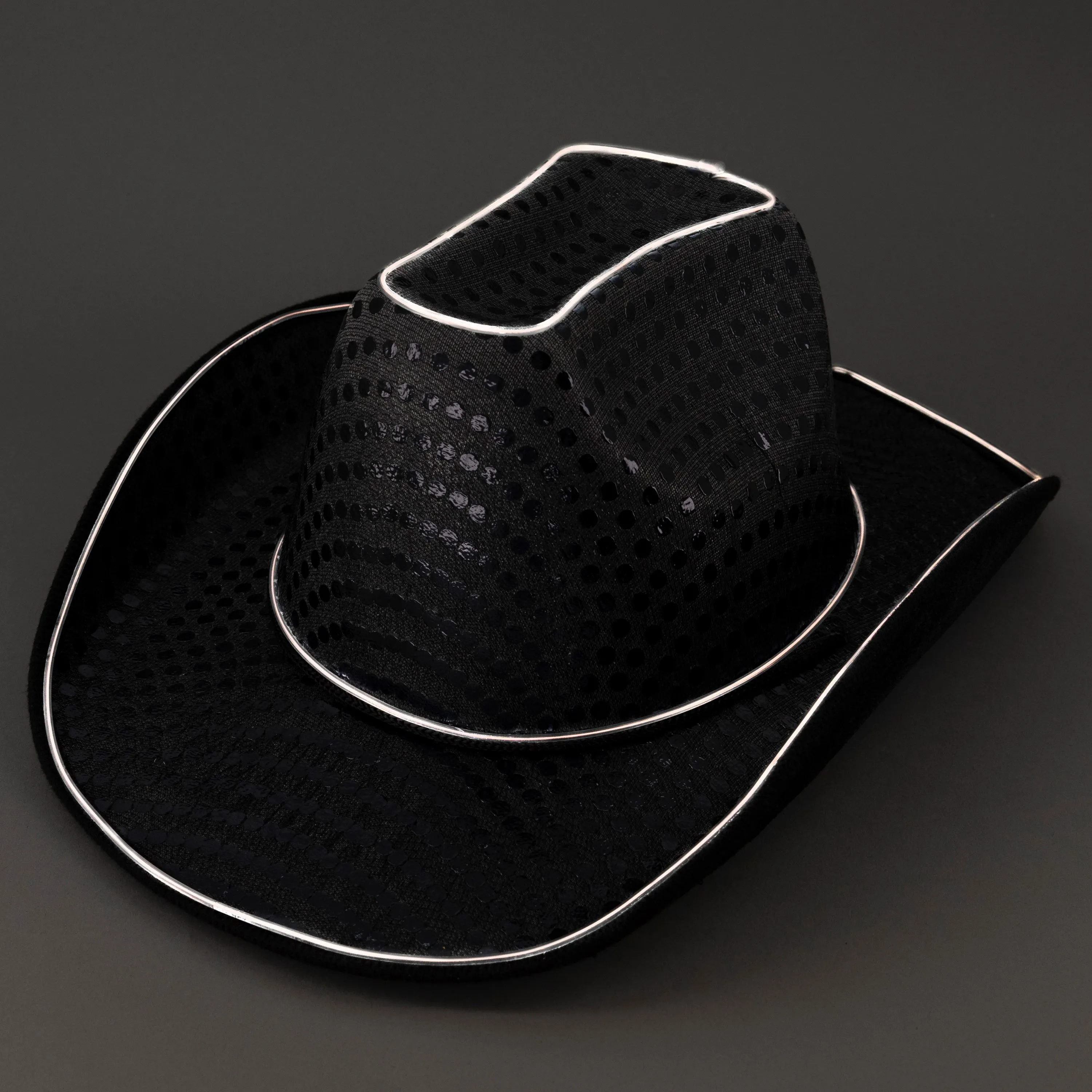 Black LED Flashing EL Wire Sequin Cowboy Party Hat - Pack of 24 Hats