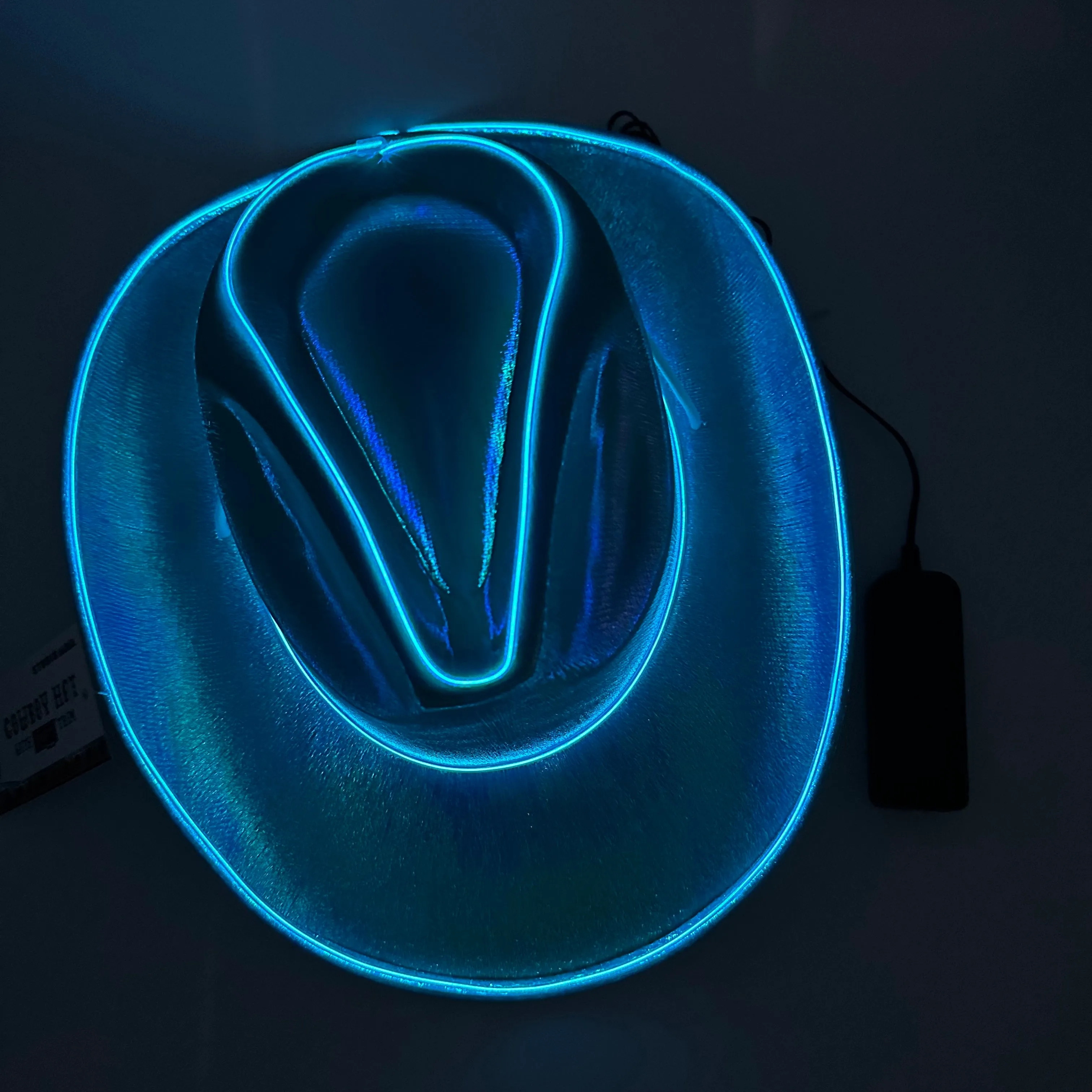 EL WIRE Light Up Iridescent Space Blue Cowboy Hat