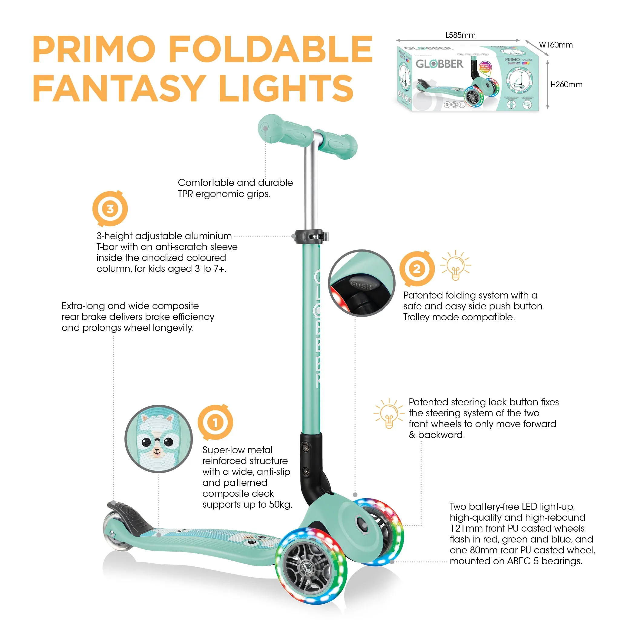 Globber Primo Foldable Fantasy Lights - Mint / Buddy (3y - 7y)