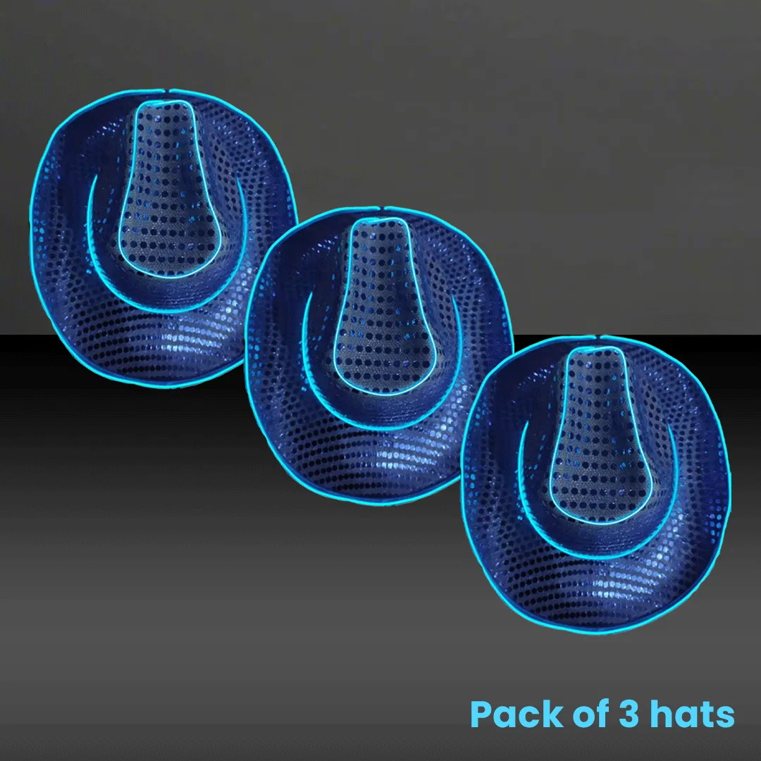 LED Flashing EL Wire Blue Sequin Cowboy Party Hat - Pack of 3 Hats