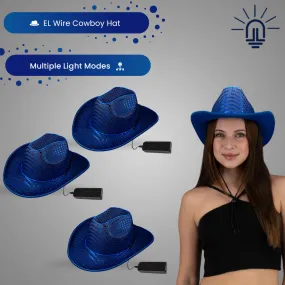 LED Flashing EL Wire Blue Sequin Cowboy Party Hat - Pack of 3 Hats