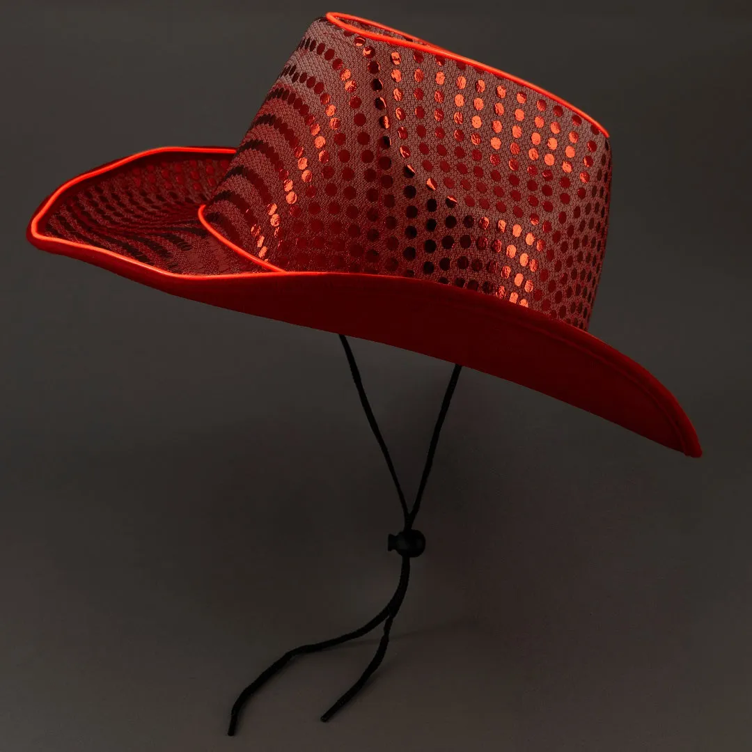 LED Flashing Red EL Wire Sequin Cowboy Party Hat - Pack of 96 Hats