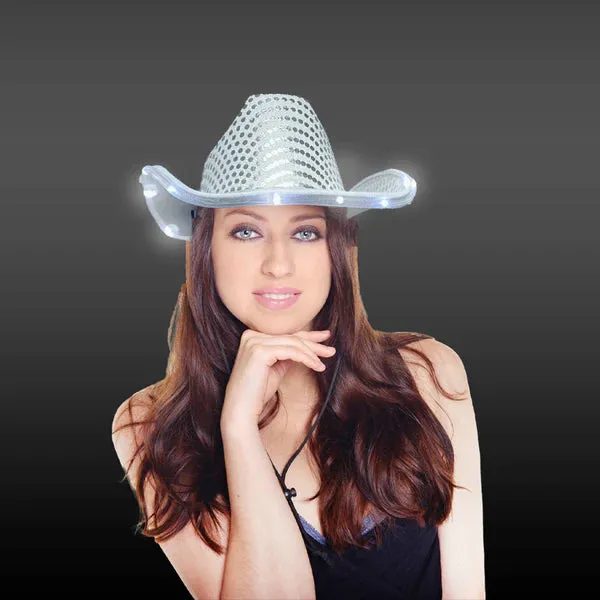 LED Light Up Flashing Sequin White & Blue Cowboy Hat - Pack of 2 Hats