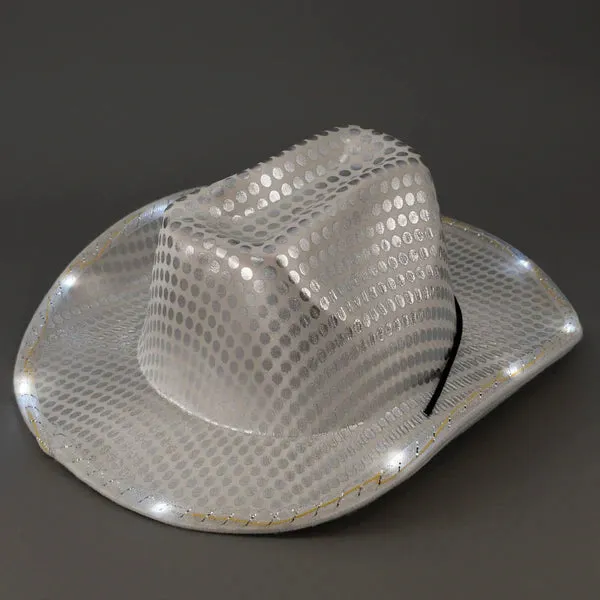 LED Light Up Flashing Sequin White & Blue Cowboy Hat - Pack of 2 Hats