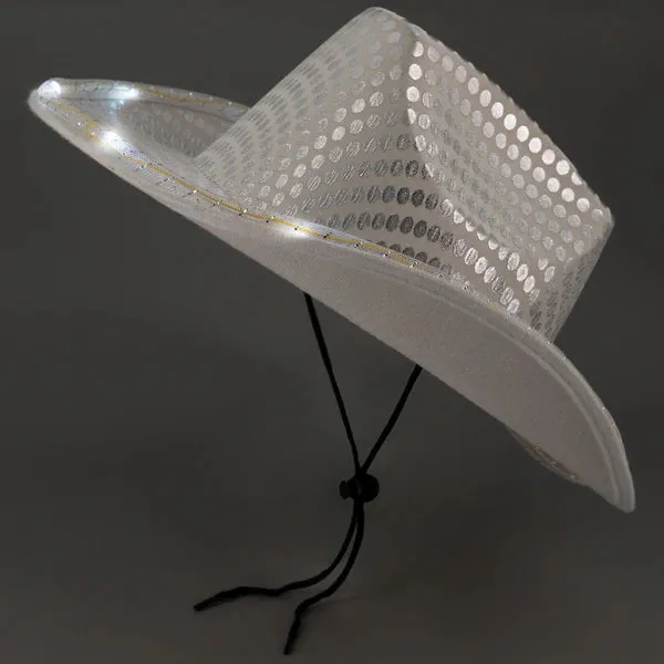 LED Light Up Flashing Sequin White & Blue Cowboy Hat - Pack of 2 Hats