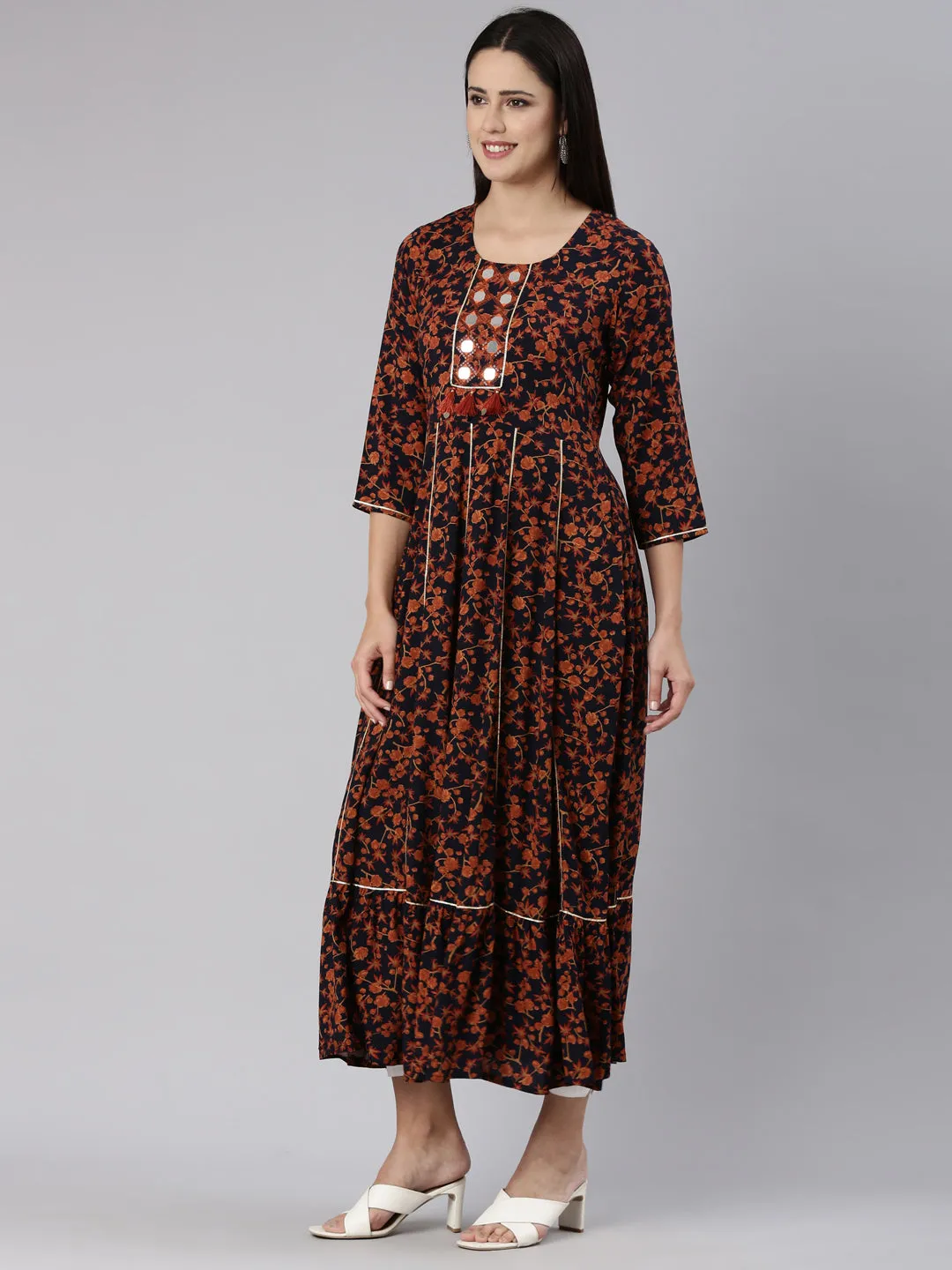 Neeru's Navy Blue Straight Casual Floral Dress