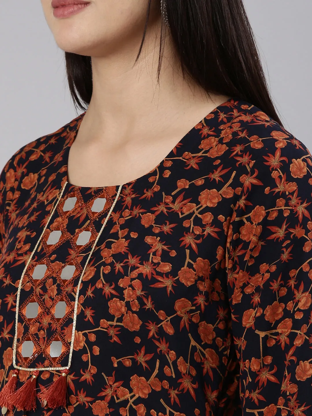 Neeru's Navy Blue Straight Casual Floral Dress